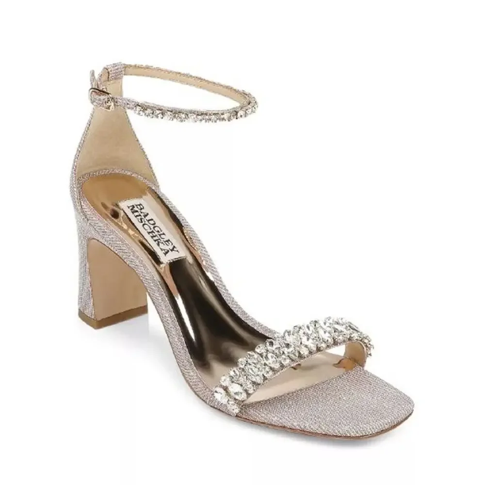 Badgley Mischka Rose Gold Crystal Block Heel Sandals - Picture 1 of 10